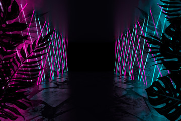 Poster - Empty scene background, abstract background with multicolored bokeh and neon lights. Silhouettes of tropical leaves