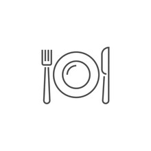 Plate, Fork And Knife Related Vector Line Icon.