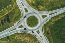 Aerial View Of Traffic Circle Roundabout Road Junction, Top View