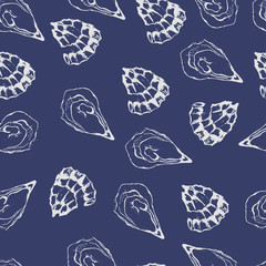 Fresh oysters seamless pattern. Black and white graphic design. Seafood. Stock Illustration Hand drawn oyster isolated on background. sketch style - Graphics