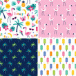 Set of cute seamless vector patterns with flamingos, tropical leaves, pineapples, flowers and palm trees in pink, yellow and blue. For greeting cards, gift wrapping paper, textiles and wallpapers.