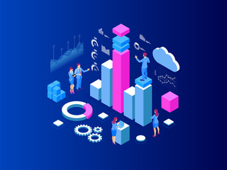 Poster - Isometric Expert team for Data Analysis, Business Statistic, Management, Consulting, Marketing. Landing page template concept.