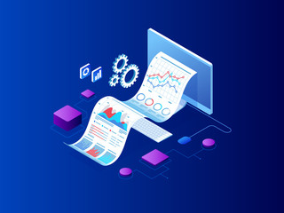 Poster - Isometric Expert team for Data Analysis, Business Statistic, Management, Consulting, Marketing. Landing page template concept.