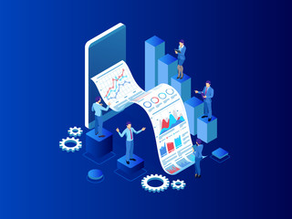 Poster - Isometric Expert team for Data Analysis, Business Statistic, Management, Consulting, Marketing. Landing page template concept.