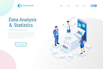 Poster - Isometric Expert team for Data Analysis, Business Statistic, Management, Consulting, Marketing. Landing page template concept.