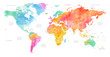High detailed Multicolor Watercolor World Map Illustration with borders, oceans and countries on white Background, Side View.