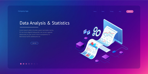 Poster - Isometric Expert team for Data Analysis, Business Statistic, Management, Consulting, Marketing. Landing page template concept.