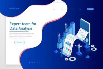 Poster - Isometric Expert team for Data Analysis, Business Statistic, Management, Consulting, Marketing. Landing page template concept.
