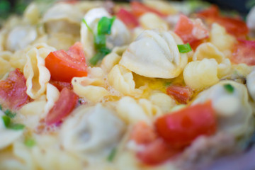 dumplings, pasta, tomatoes, dill warmed in a skillet