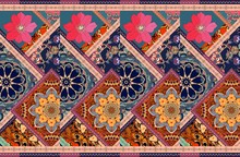 Bright Carpet In Patchwork Style With Flowers, Ornamental Border And Mandala. Endless Pattern.