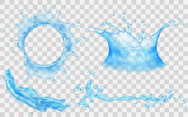 Wall Mural - Translucent splashes and water crown with drops - top and side view. In light blue colors, isolated on transparent backdrop. Transparency only in vector file