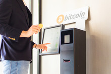 Bitcoin ATM Machine Being Used By Businessman For Buying Cryptocurrency And Other Altcoins