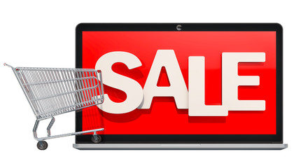 Poster - online shopping concept, laptop with shopping cart. 3d rendering