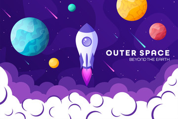 Wall Mural - space futuristic modern, colorful background with rocket, planets and stars. starship, spaceship in 