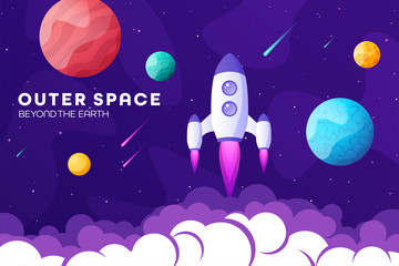 Wall Mural - space futuristic modern, colorful background with rocket, planets and stars. starship, spaceship in 