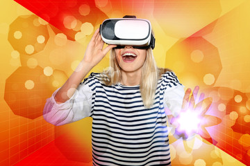 Emotional young woman playing video games in virtual reality glasses on color background