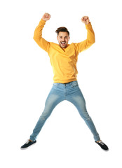 Sticker - Full length portrait of happy handsome man jumping on white background