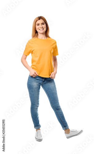 Fotomural Full length portrait of beautiful woman posing on white background