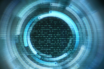 Sticker - circular line of energy surrounding lines of binary codes. computer technology concepts language matrix style background. digital number one and zero in light blue color.