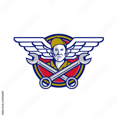 Fotomural Icon retro style illustration of a crew chief or aircraft mechanic with crossed spanner or wrench and aviator or army wings set inside circle on isolated background