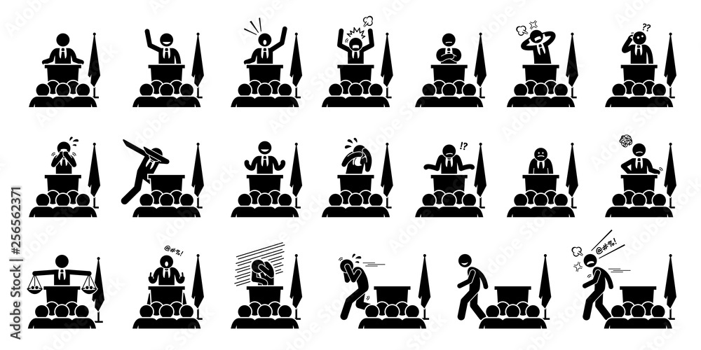 Politician, president, or prime minister actions, feelings, and emotions during his speech. Artwork depicts set of different poses and body languages by a government leader of a country. - obrazy, fototapety, plakaty 