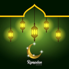 Wall Mural - Ramadan kareem greeting card design. with arabic lanterns, golden ornate crescent and mosque dome. on green background, EPS 10 - vector, Jpeg High Resolution 300 DPI