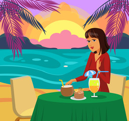 Woman having Dinner on Beach Vector Illustration