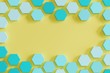 blue monotone beehive-like hexagons on yellow background. minimal concept idea