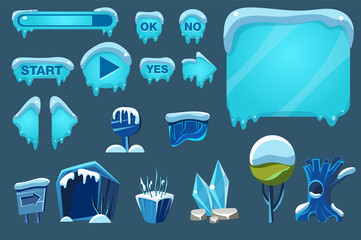 Poster - Buttons with snow set, game user interface with control and landscape elements vector Illustrations for apps, web
