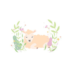 Sticker - Cute Little Lamb, Adorable Sheep Animal Lying on Spring Meadow Vector Illustration