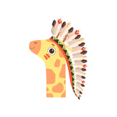 Poster - Cute Animal Giraffe Wearing Indian Traditional Tribal Headdress with Feathers Vector Illustration