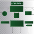 Set of road green traffic signs. Blank board with place for text. Isolated on transparent background. Vector illustration.  