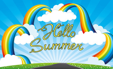 Wall Mural - Summer banner with a rainbow and clouds in the blue sky.