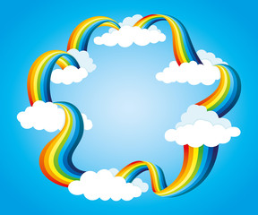 Wall Mural - Frame from rainbow and clouds on blue background.