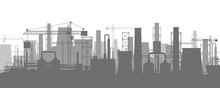 Panoramic Industrial Silhouette Landscape. Smoking Factory Pipes. Plant Pipes, Sky With Sun. Carbon Dioxide Emissions. Environment Contamination. Pollution Of Environment Co2. Vector Illustration