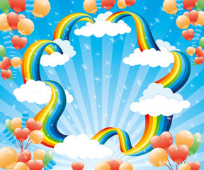 Poster - Festive banner with a rainbow and balloons in the blue sky.