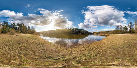 Wall Mural - full seamless spherical panorama 360 degrees angle view on the shore of wide river neman in evening with beautiful clouds in equirectangular projection, ready VR AR virtual reality content