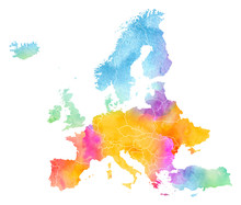 Multicolor Watercolor Centra Europe Map On White Background, Side View.