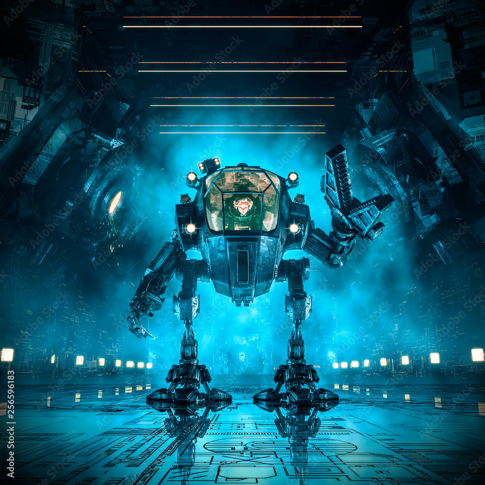 Cargo loader mech / 3D illustration of science fiction scene with female astronaut controlling heavy industrial mech robot inside dark industrial space ship corridor - obrazy, fototapety, plakaty 