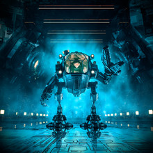 Cargo Loader Mech / 3D Illustration Of Science Fiction Scene With Female Astronaut Controlling Heavy Industrial Mech Robot Inside Dark Industrial Space Ship Corridor