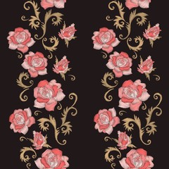 Wall Mural - Vertical stripes with embroidery rose flowers. Seamless pattern. Fashion print. Vector embroidered floral design.