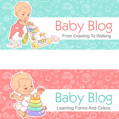 Wall Mural - llustration for baby blog. toddler with walker. little baby play with pyramid.
