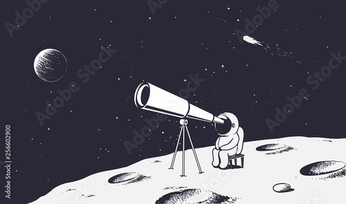 Fotografía astronaut looks through the telescope to universe