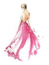 Young Woman Wearing Long Evening Dress, Bride. Watercolor Illustration