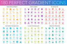 180 Trendy Perfect Gradient Icons Set Of Web Development, Video Games, 3d Modeling, Network Technology, Cloud Data Technology, Creative Process.