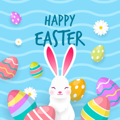 Wall Mural - Happy Easter Card Vector illustration, White bunny with colorful eggs on blue background.