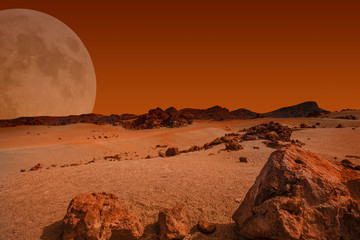red planet with arid landscape, rocky hills and mountains, and a giant mars-like moon at the horizon