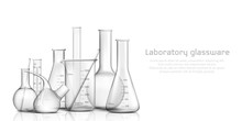 Chemical, Biological Science Laboratory Glassware Collection 3d Realistic Vector Banner, Poster. Empty, Graduated With Milliliters Scale Glass Tube, Beaker And Flask Illustration On White Background