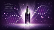 Vector realistic cosmetic ads poster. Smart skin care cosmetics, night serum with collagen on purple background with DNA helix. Product for skin beauty, mock up for glossy magazine, catalog