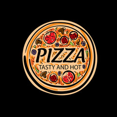 Wall Mural - Logo of a sketched pizza. Vector illustration on black background